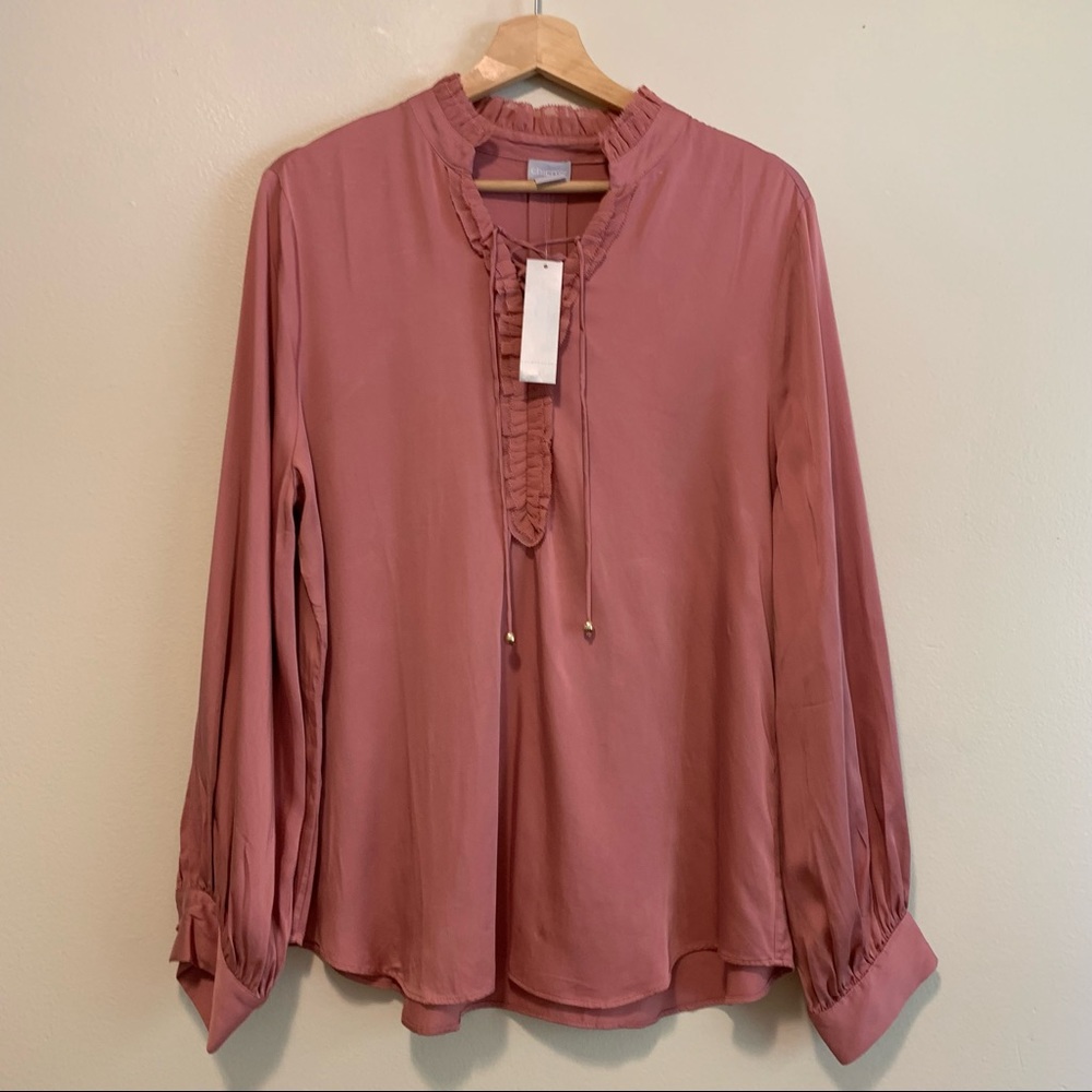 Chicos Ruffle Tie Neck Pullover Sandwash Satin Blouse Burnished Rose